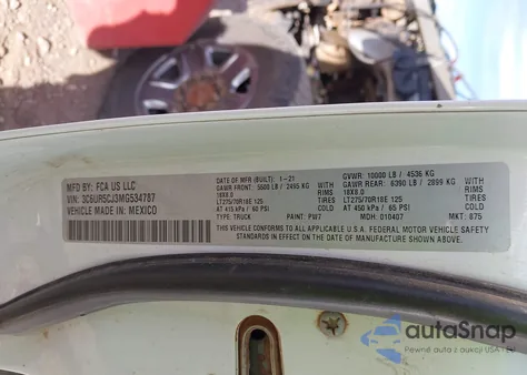 2021 Ram 2500 Tradesman 4X4 6'4 Box z USA, uszkodzony, nr VIN 3C6UR5CJ3MG534787